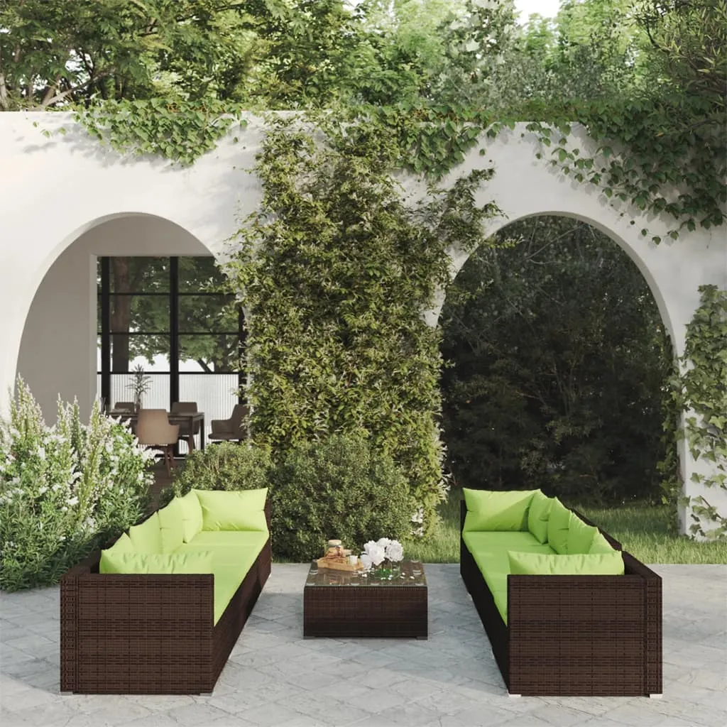 vidaXL Set Divani da Giardino 9 pz con Cuscini in Polyrattan Marrone