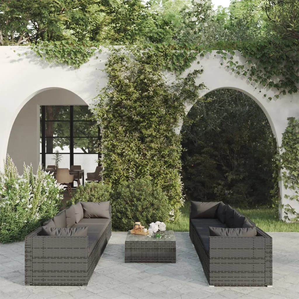 vidaXL Set Divani da Giardino 9 pz con Cuscini in Polyrattan Grigio