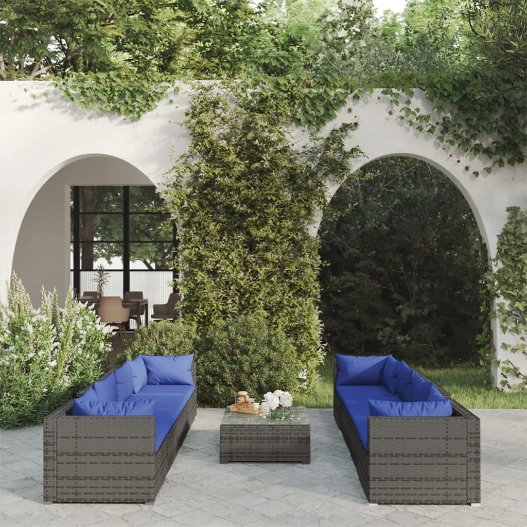 vidaXL Set Divani da Giardino 9 pz con Cuscini in Polyrattan Grigio