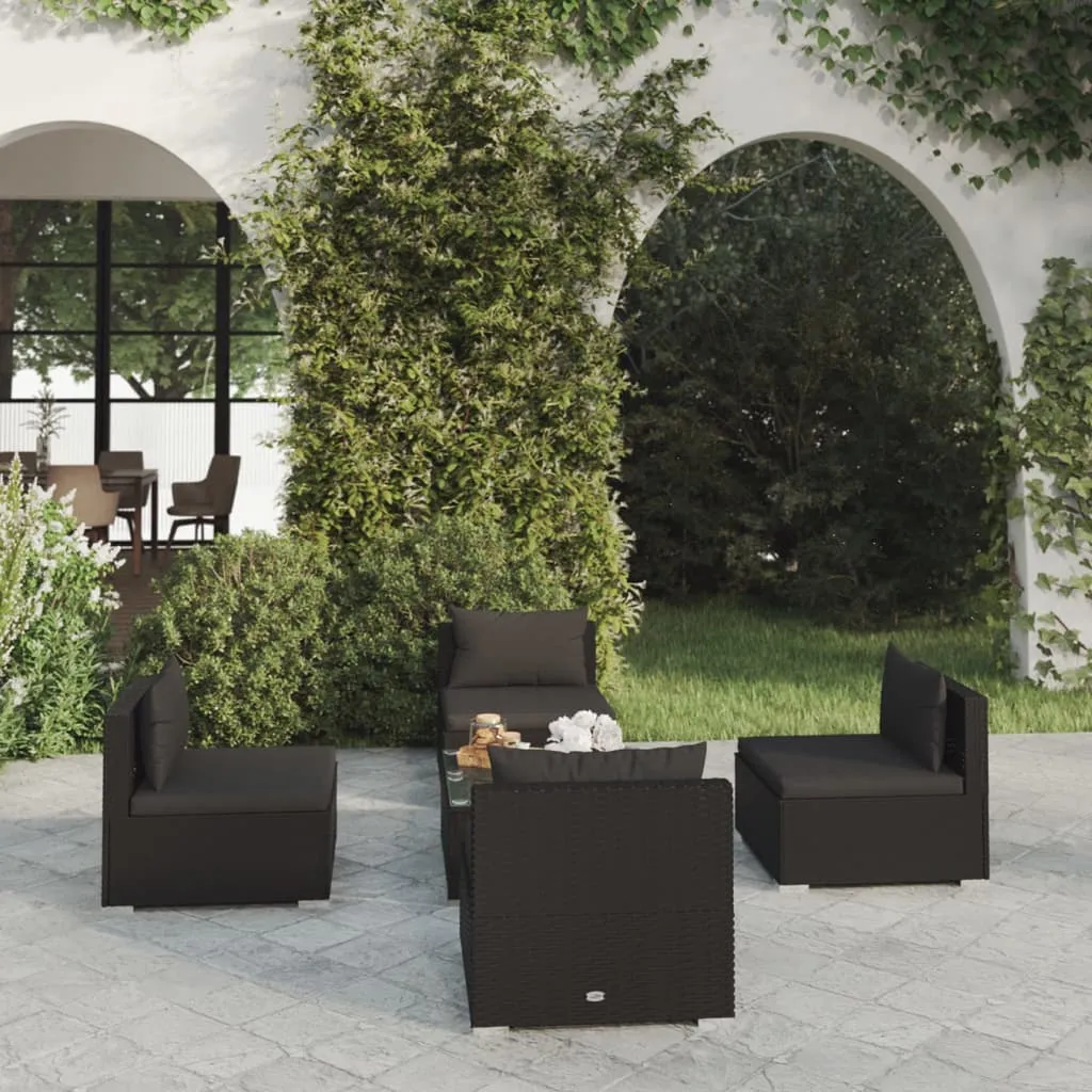 vidaXL Set Divani da Giardino 5 pz con Cuscini in Polyrattan Nero