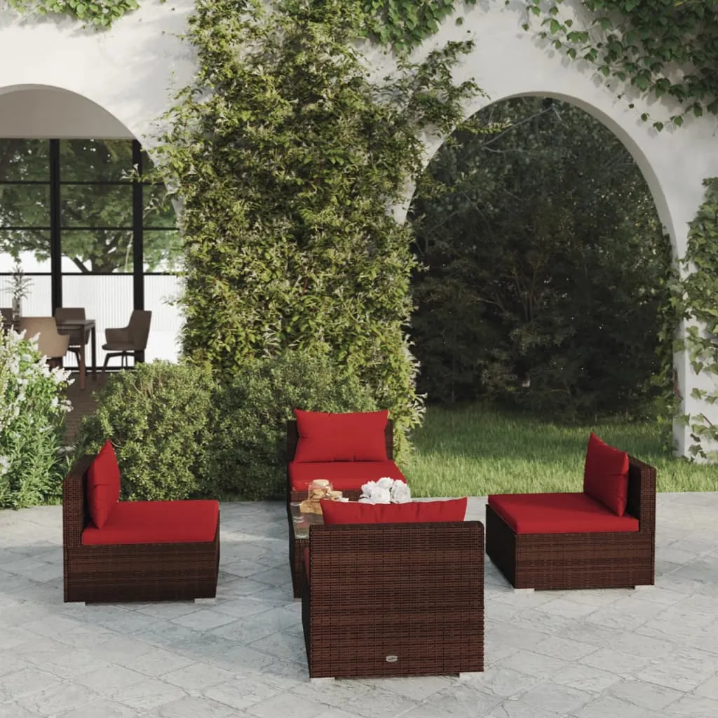 vidaXL Set Divani da Giardino 5 pz con Cuscini in Polyrattan Marrone