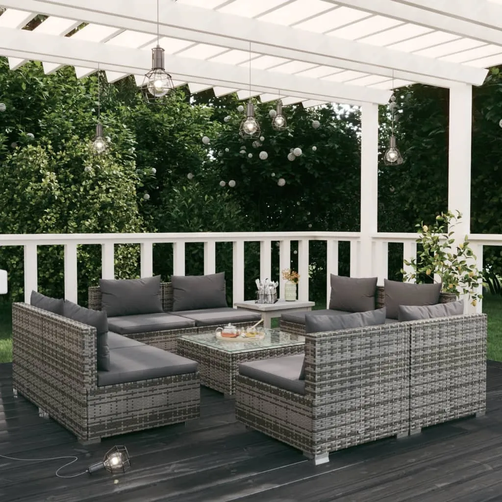 vidaXL Set Divani da Giardino 9 pz con Cuscini in Polyrattan Grigio