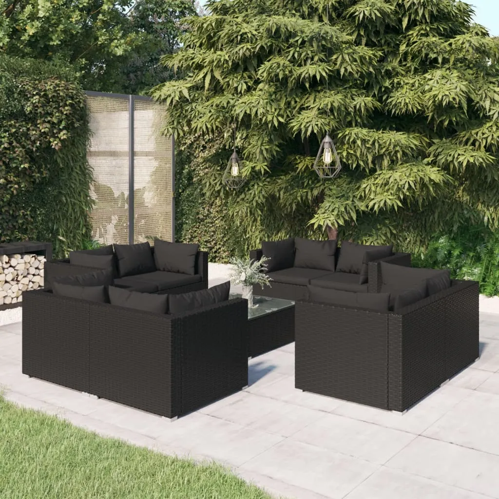 vidaXL Set Divani da Giardino 9 pz con Cuscini in Polyrattan Nero