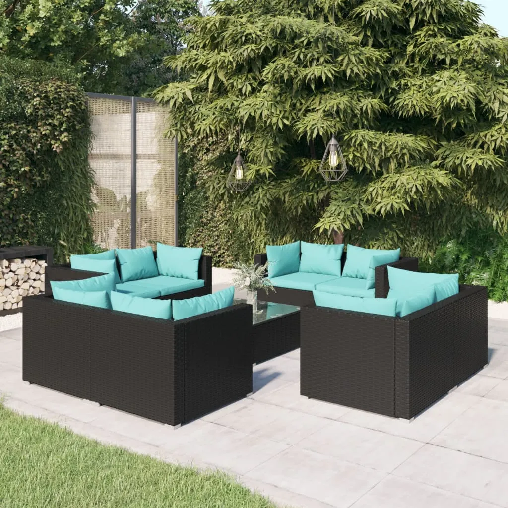 vidaXL Set Divani da Giardino 9 pz con Cuscini in Polyrattan Nero