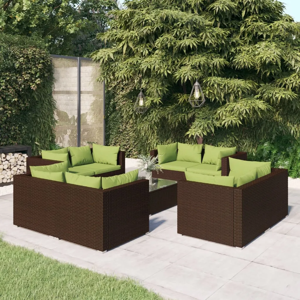 vidaXL Set Divani da Giardino 9 pz con Cuscini in Polyrattan Marrone