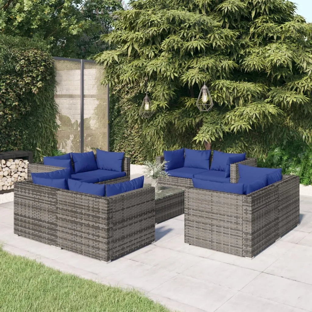 vidaXL Set Divani da Giardino 9 pz con Cuscini in Polyrattan Grigio