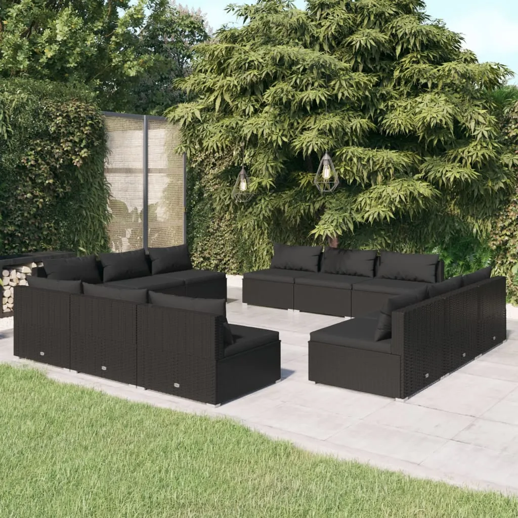 vidaXL Set Divani da Giardino 12 pz con Cuscini in Polyrattan Nero