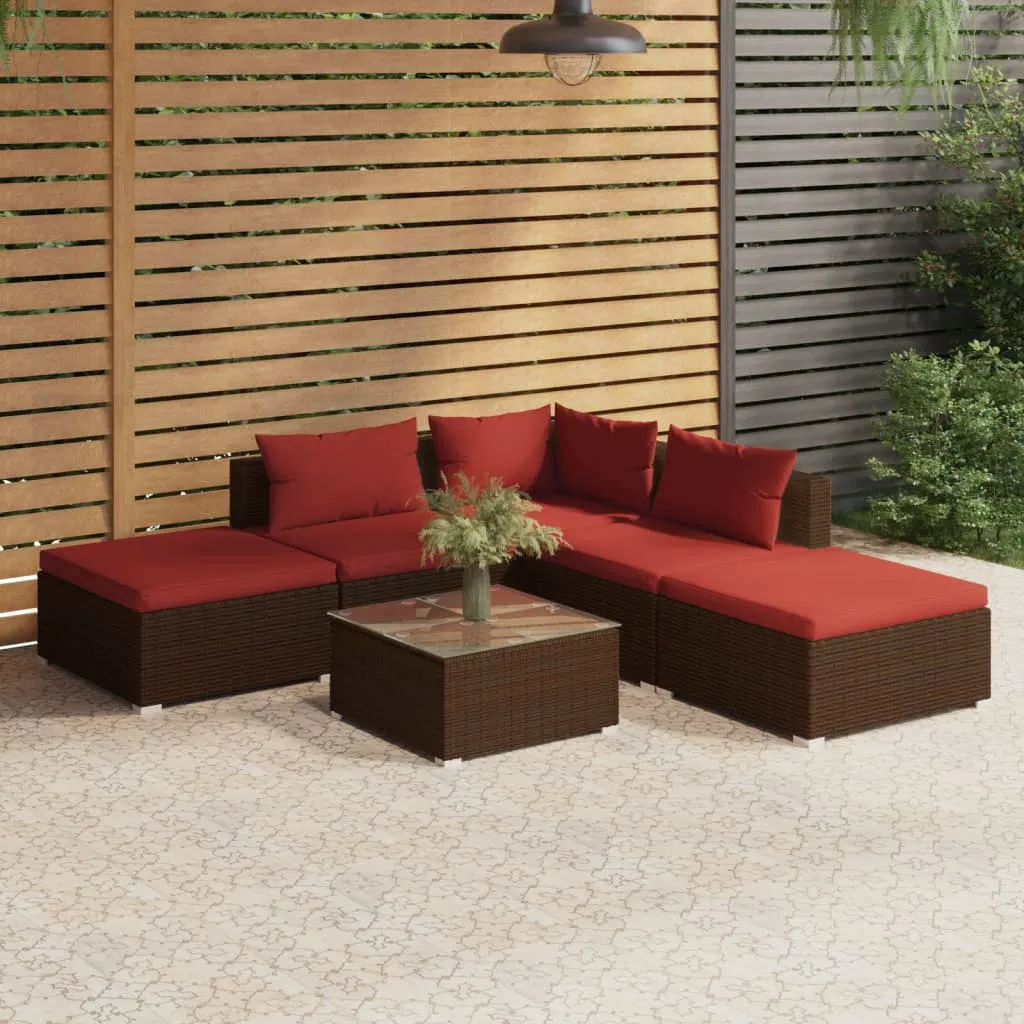 vidaXL Set Divani da Giardino 6 pz con Cuscini in Polyrattan Marrone