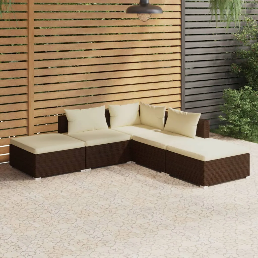 vidaXL Set Divani da Giardino 5 pz con Cuscini in Polyrattan Marrone