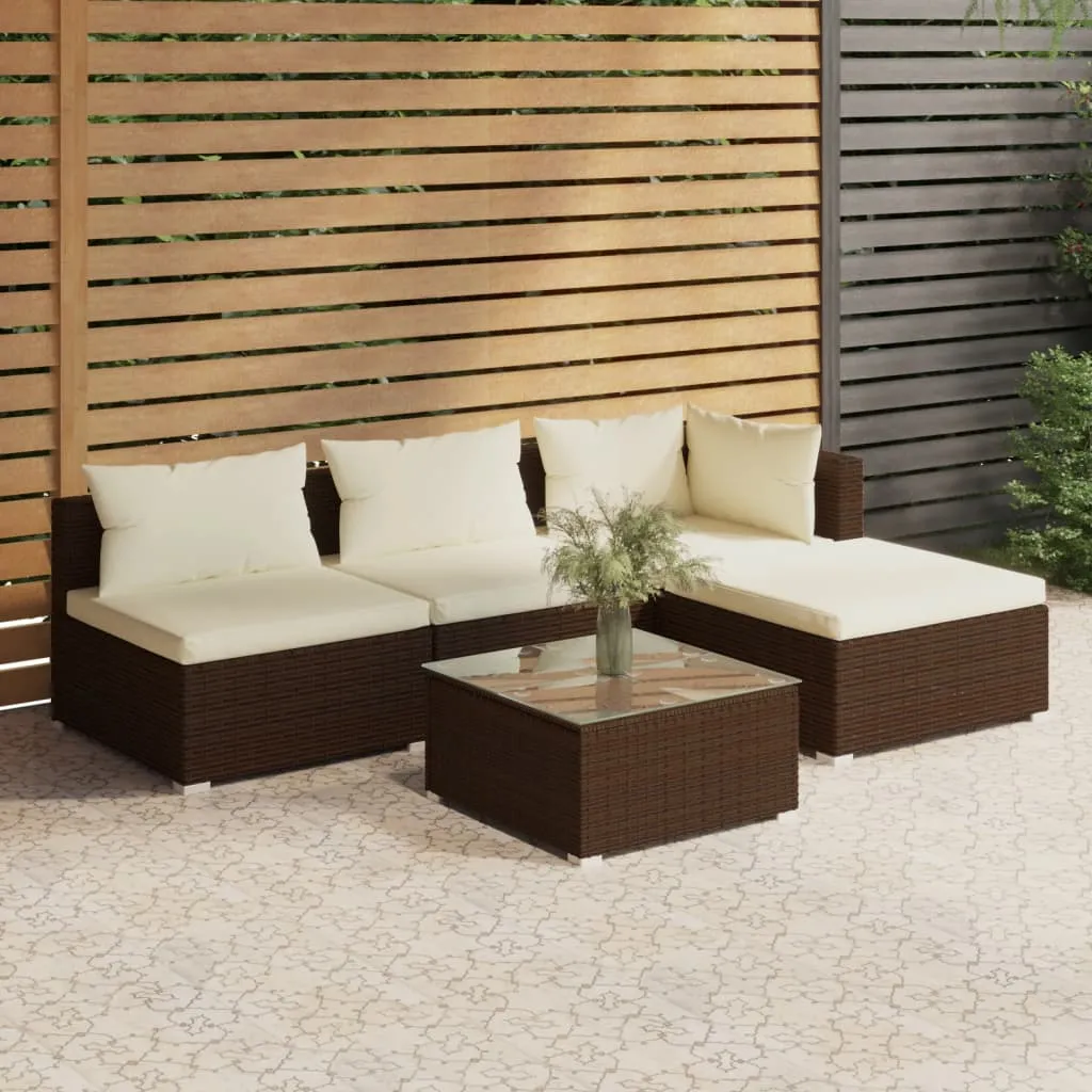 vidaXL Set Divani da Giardino 5 pz con Cuscini in Polyrattan Marrone