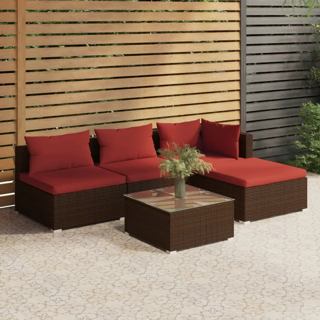 vidaXL Set Divani da Giardino 5 pz con Cuscini in Polyrattan Marrone