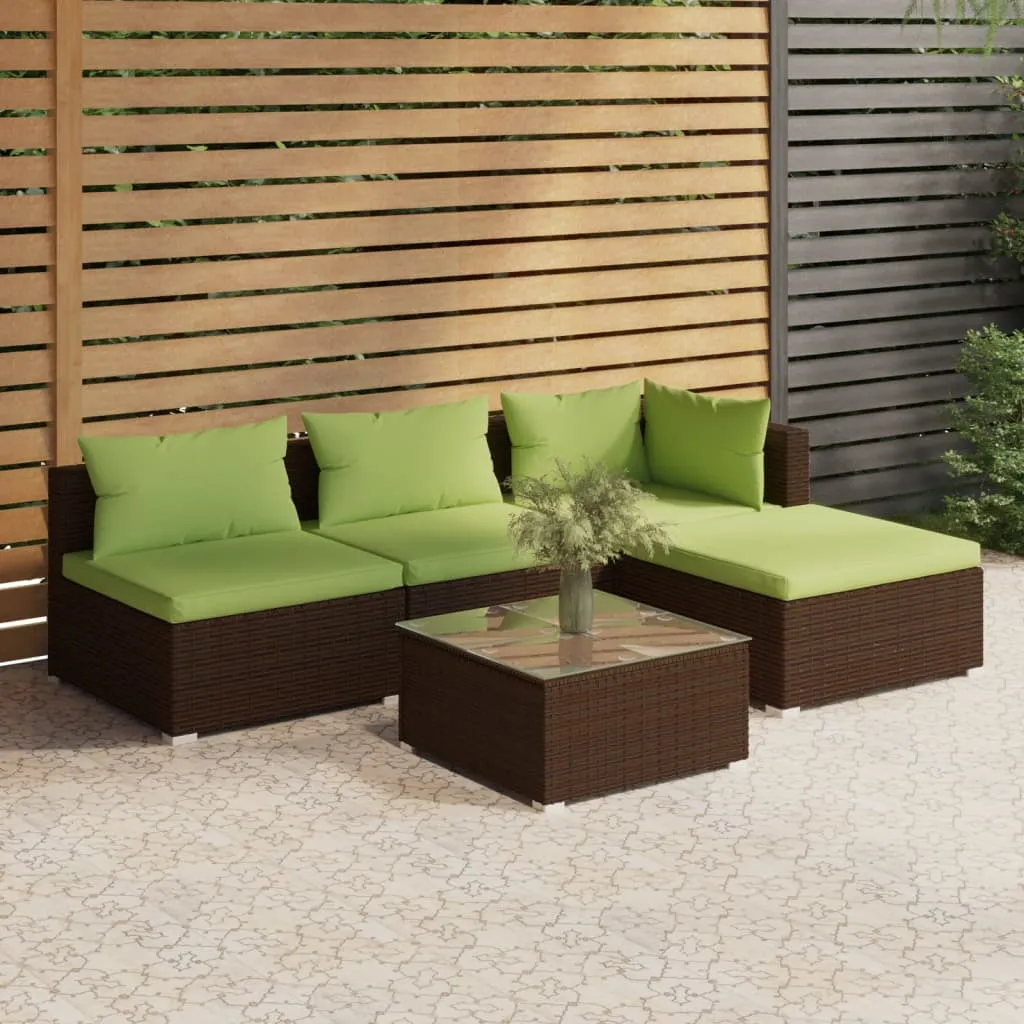 vidaXL Set Divani da Giardino 5 pz con Cuscini in Polyrattan Marrone