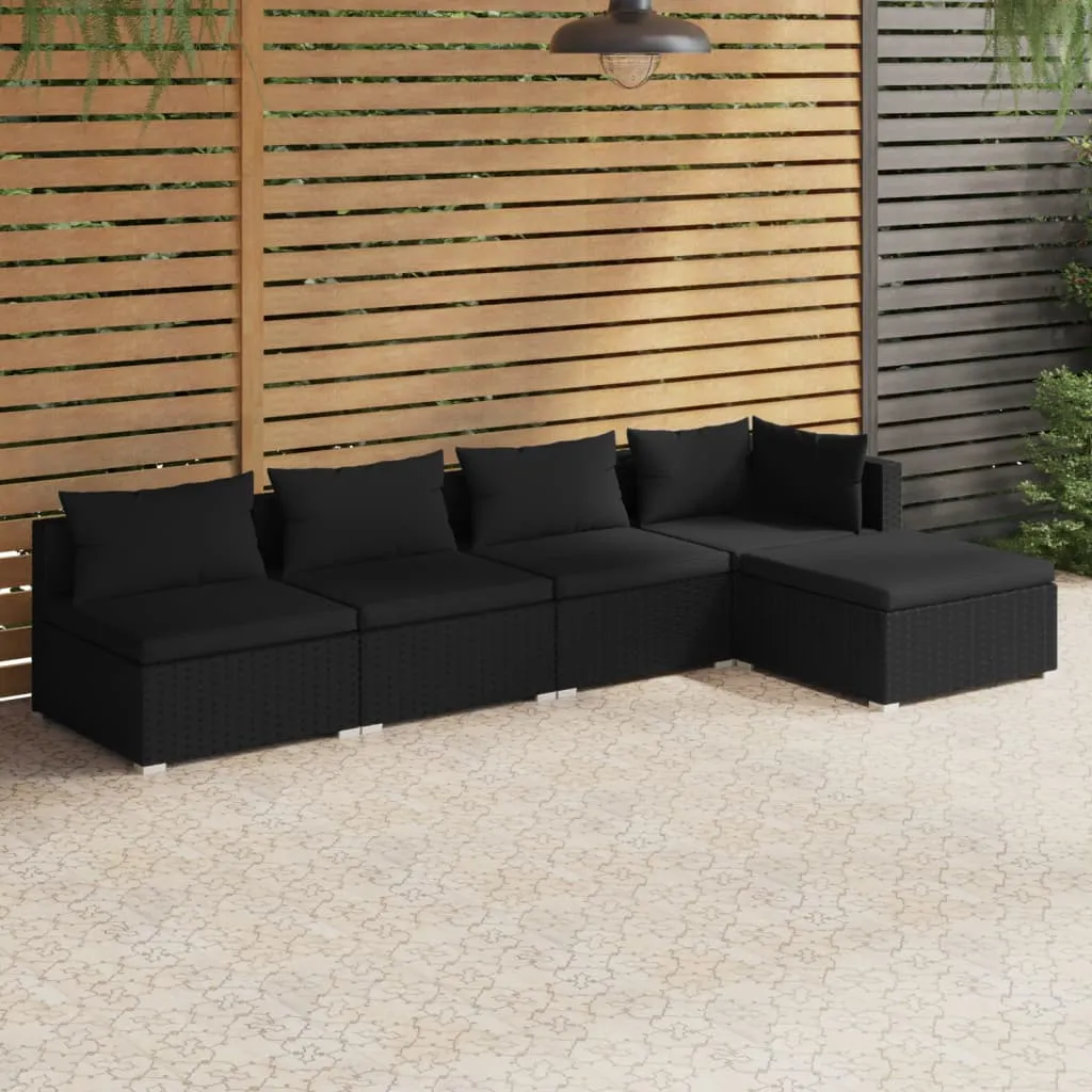 vidaXL Set Divani da Giardino 5 pz con Cuscini in Polyrattan Nero