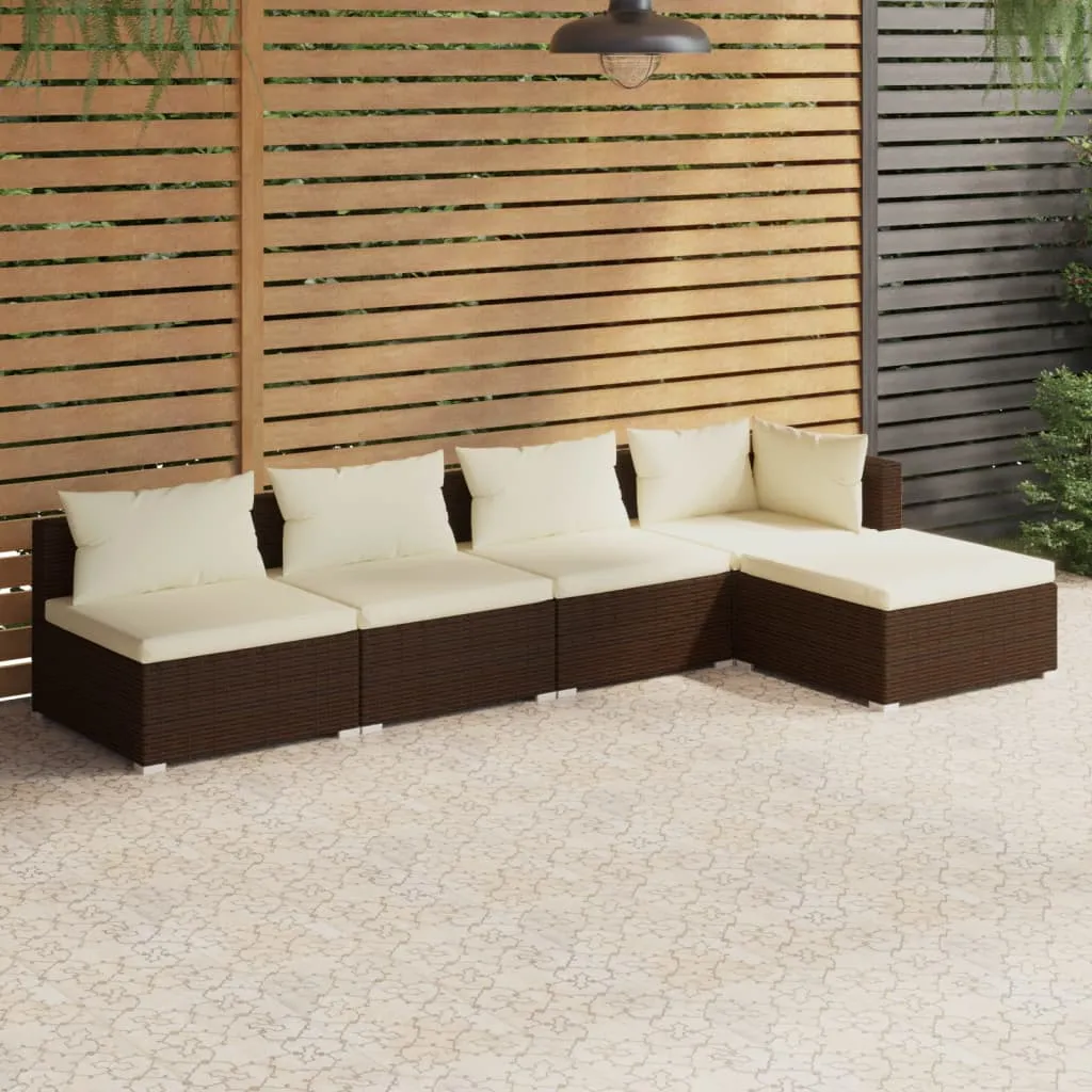 vidaXL Set Divani da Giardino 5 pz con Cuscini in Polyrattan Marrone