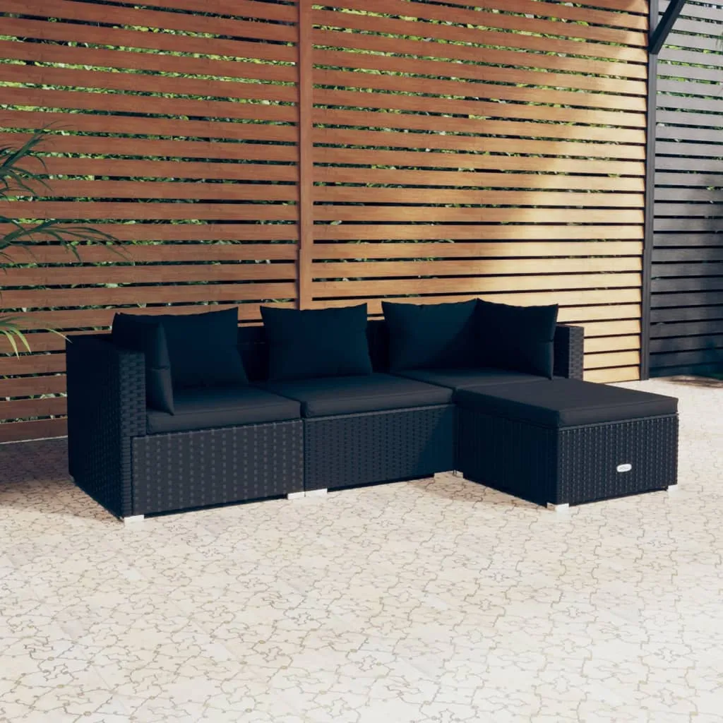 vidaXL Set Divani da Giardino 4 pz con Cuscini in Polyrattan Nero