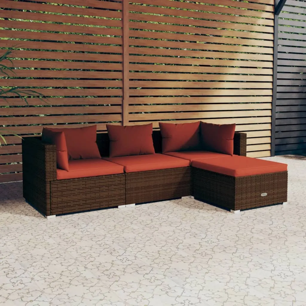 vidaXL Set Divani da Giardino 4 pz con Cuscini in Polyrattan Marrone