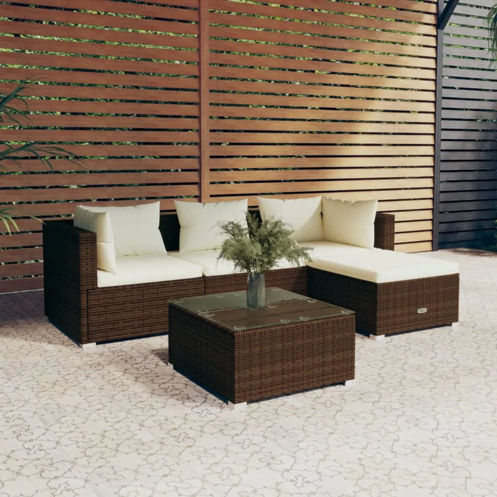 vidaXL Set Divani da Giardino 5 pz con Cuscini in Polyrattan Marrone