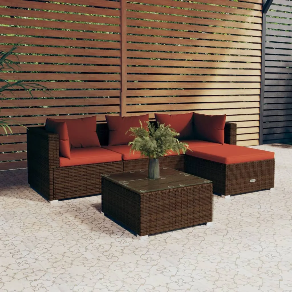 vidaXL Set Divani da Giardino 5 pz con Cuscini in Polyrattan Marrone