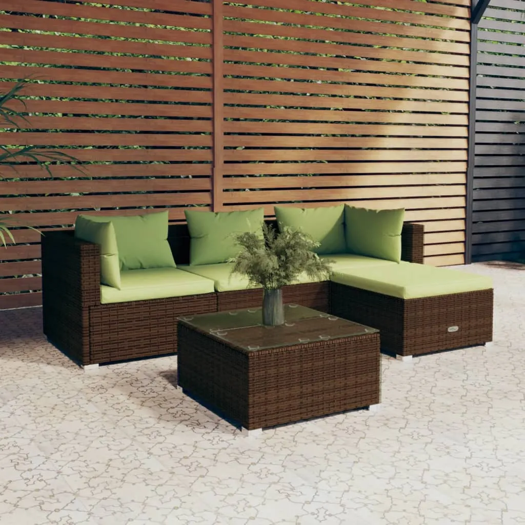 vidaXL Set Divani da Giardino 5 pz con Cuscini in Polyrattan Marrone