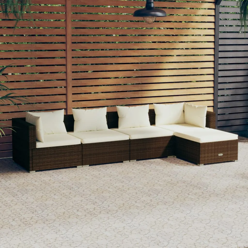 vidaXL Set Divani da Giardino 5 pz con Cuscini in Polyrattan Marrone