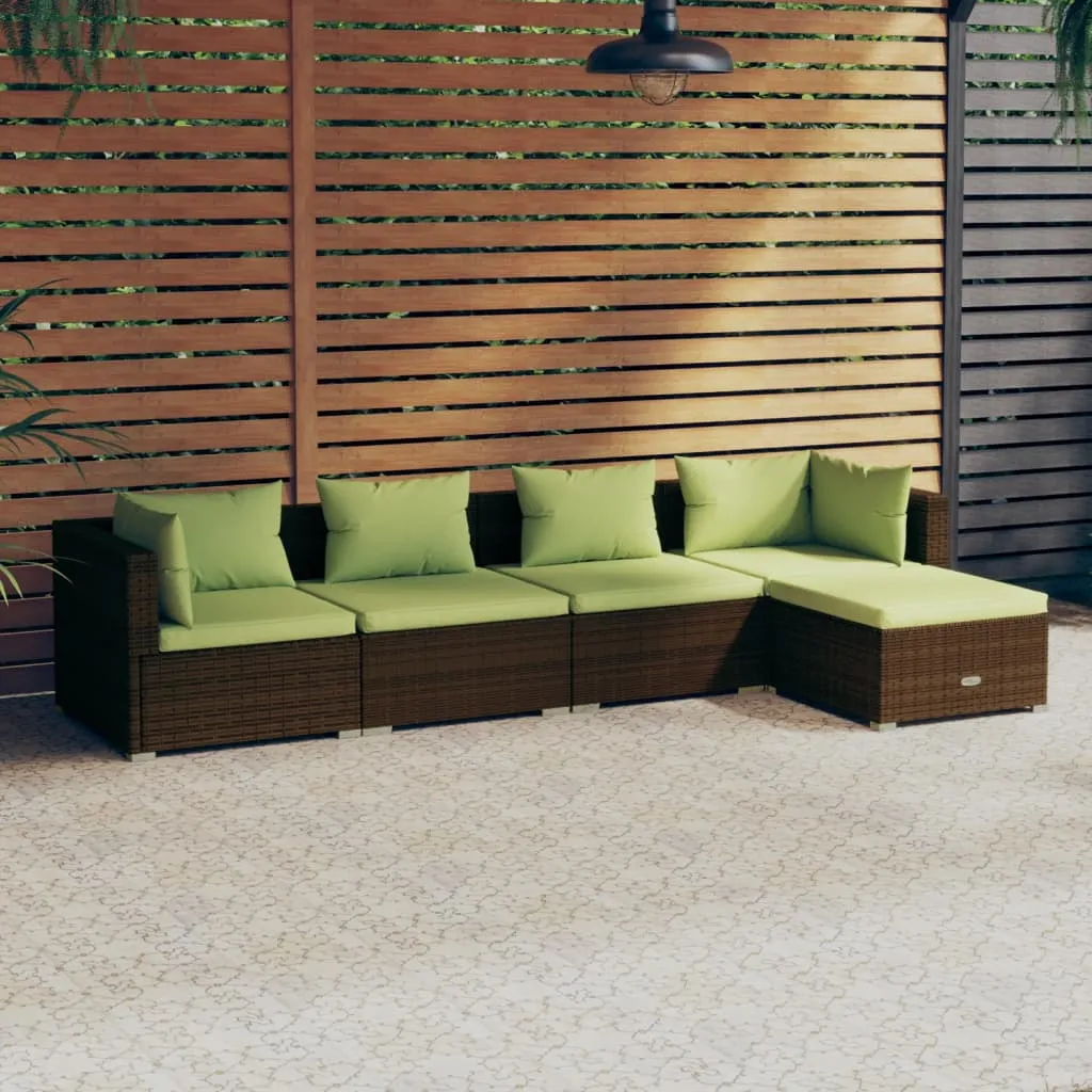 vidaXL Set Divani da Giardino 5 pz con Cuscini in Polyrattan Marrone