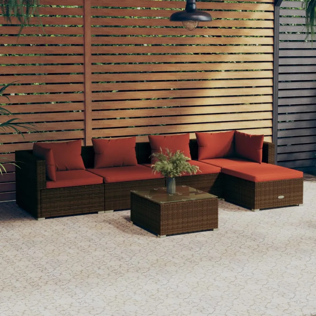 vidaXL Set Divani da Giardino 6 pz con Cuscini in Polyrattan Marrone