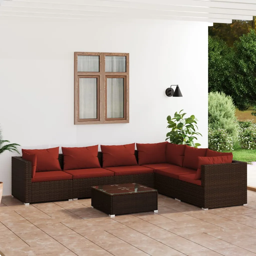 vidaXL Set Divani da Giardino 7 pz con Cuscini in Polyrattan Marrone