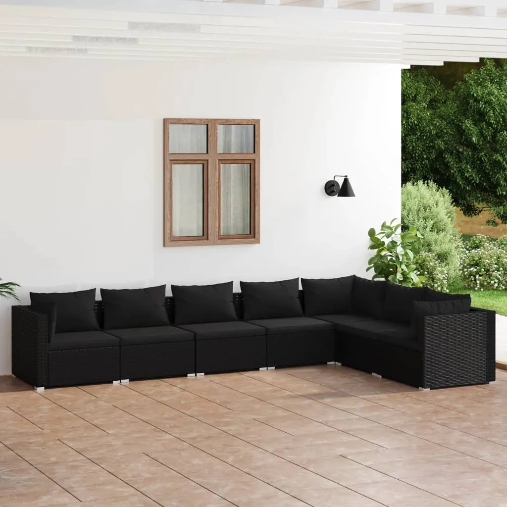 vidaXL Set Divani da Giardino 7 pz con Cuscini in Polyrattan Nero