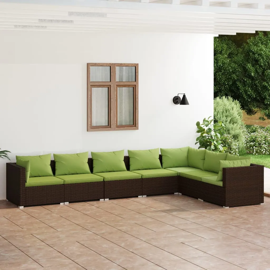 vidaXL Set Divani da Giardino 7 pz con Cuscini in Polyrattan Marrone