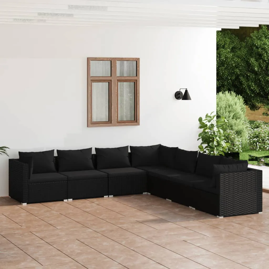 vidaXL Set Divani da Giardino 7 pz con Cuscini in Polyrattan Nero