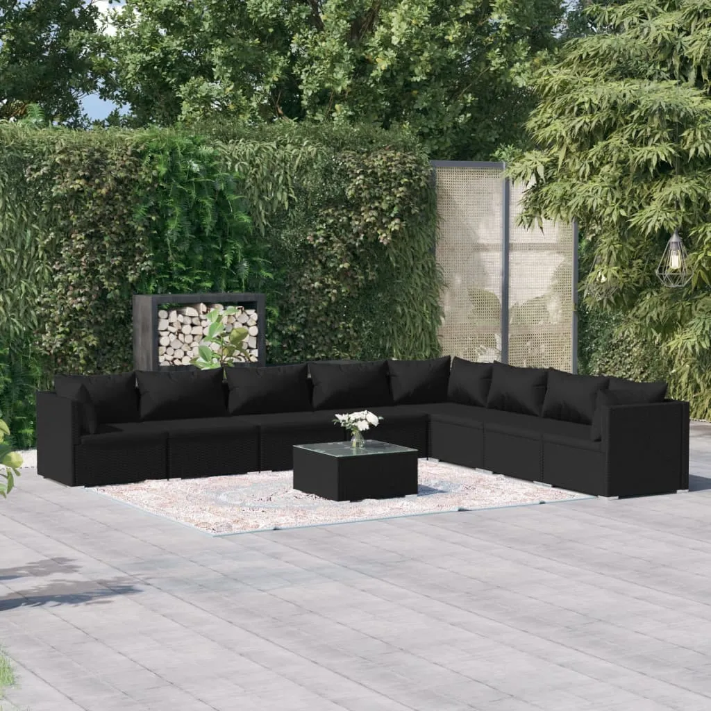 vidaXL Set Divani da Giardino 9 pz con Cuscini in Polyrattan Nero