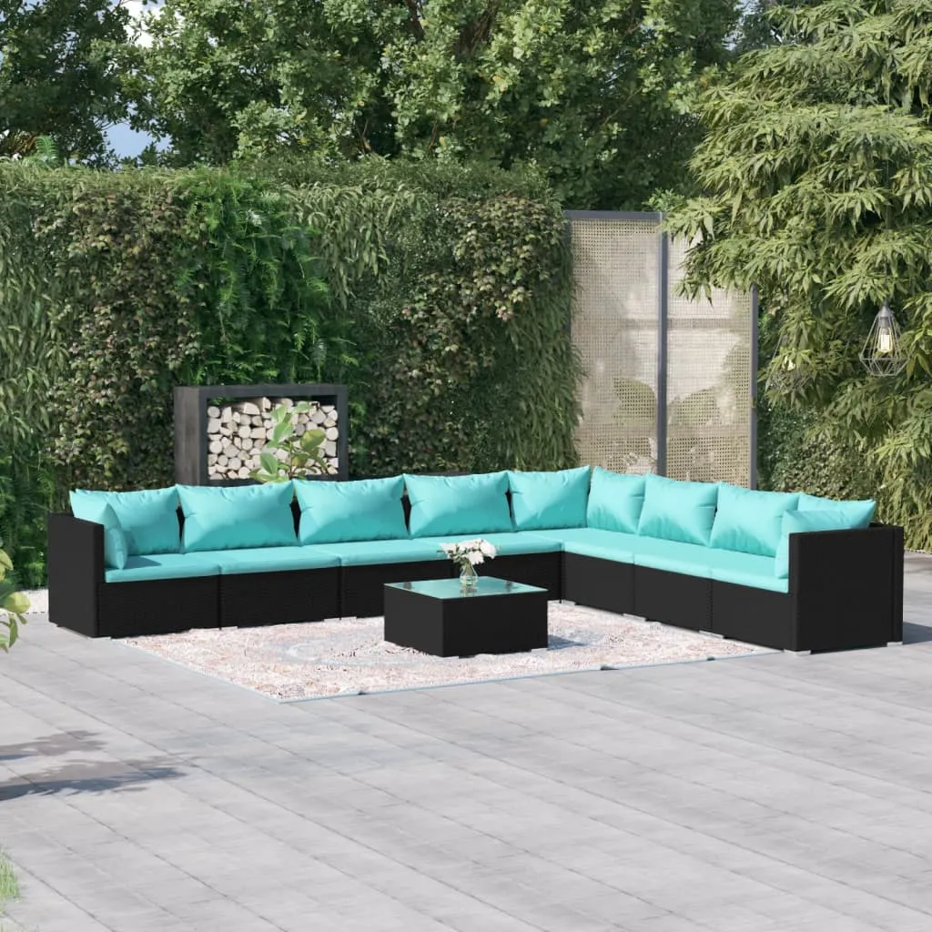 vidaXL Set Divani da Giardino 9 pz con Cuscini in Polyrattan Nero