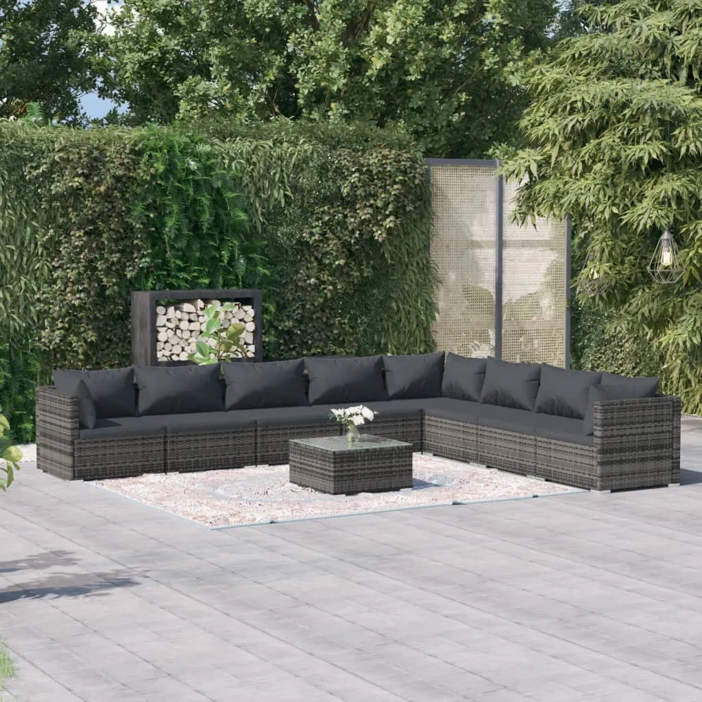 vidaXL Set Divani da Giardino 9 pz con Cuscini in Polyrattan Grigio