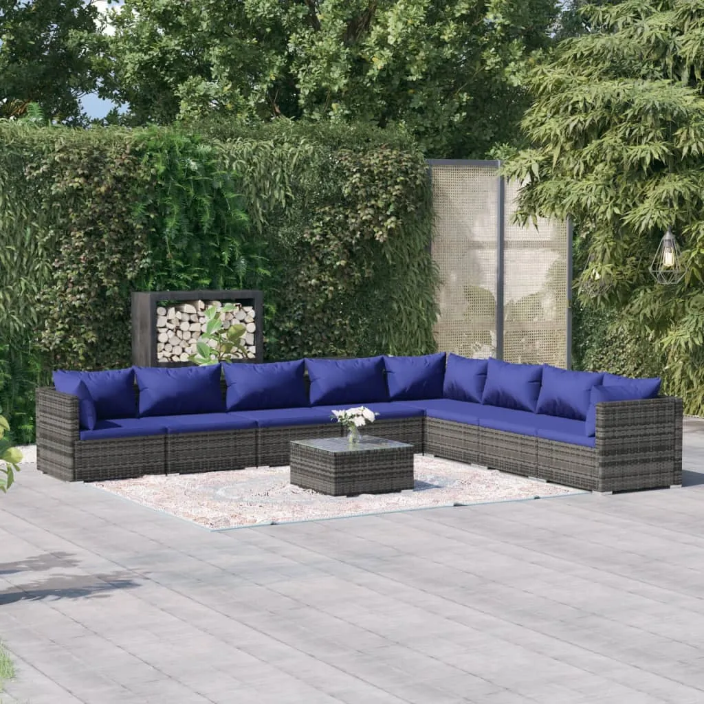 vidaXL Set Divani da Giardino 9 pz con Cuscini in Polyrattan Grigio