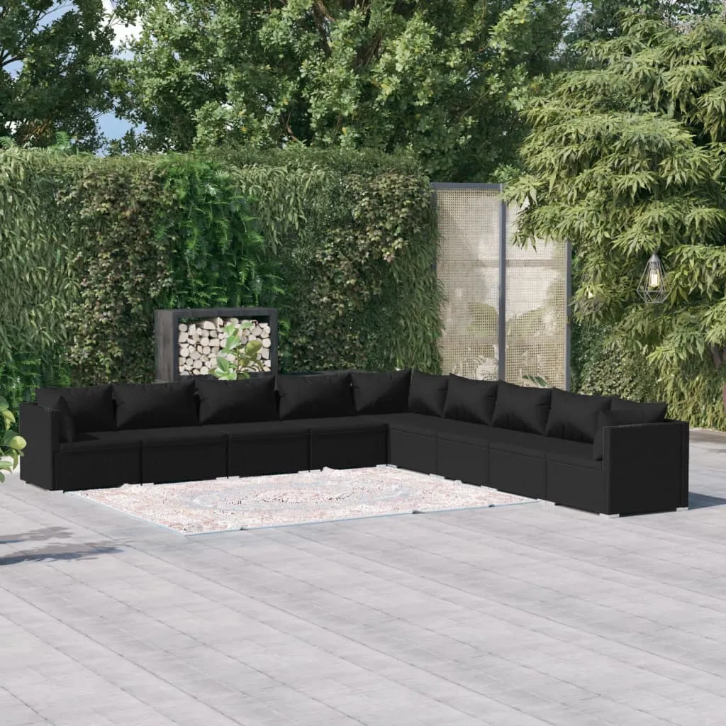 vidaXL Set Divani da Giardino 9 pz con Cuscini in Polyrattan Nero