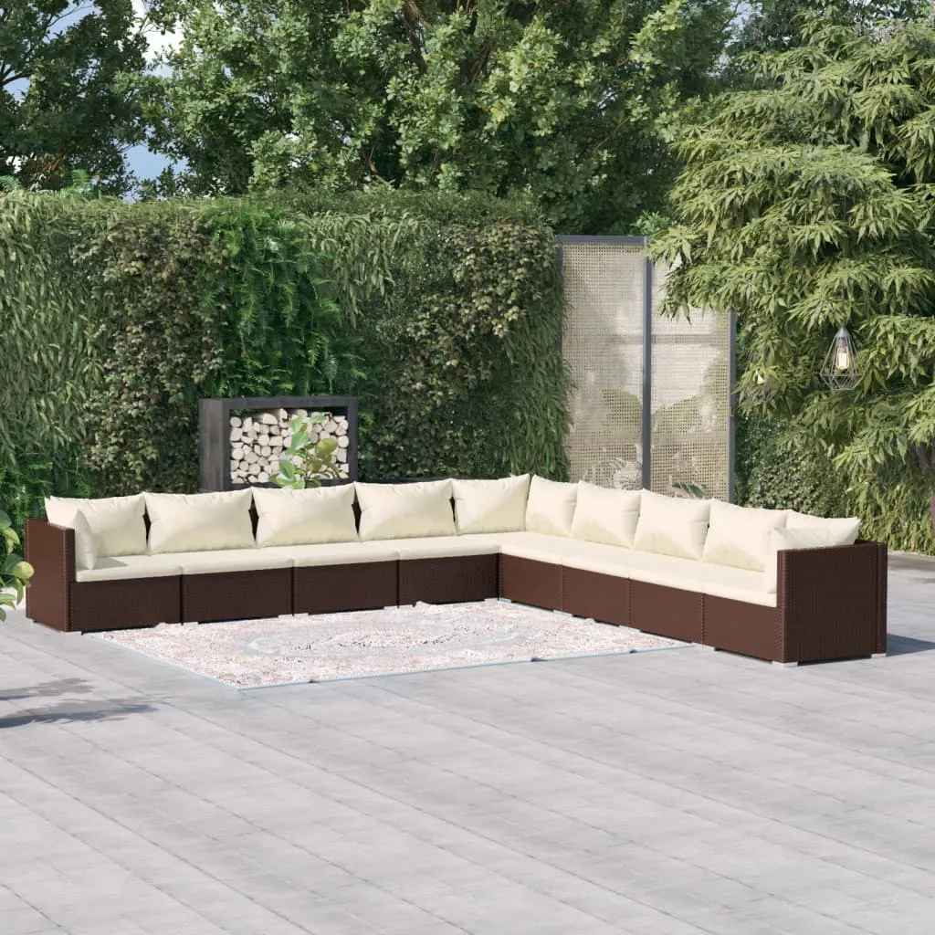 vidaXL Set Divani da Giardino 9 pz con Cuscini in Polyrattan Marrone