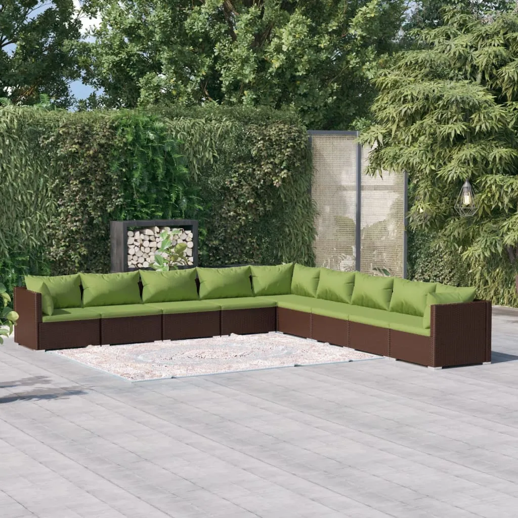 vidaXL Set Divani da Giardino 9 pz con Cuscini in Polyrattan Marrone