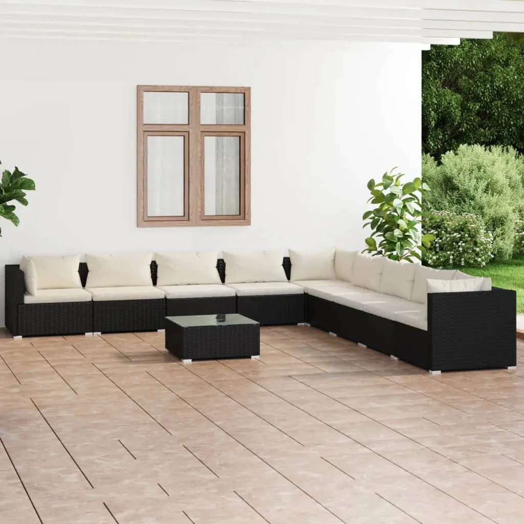 vidaXL Set Salotto da Giardino 10 pz con Cuscini in Polyrattan Nero