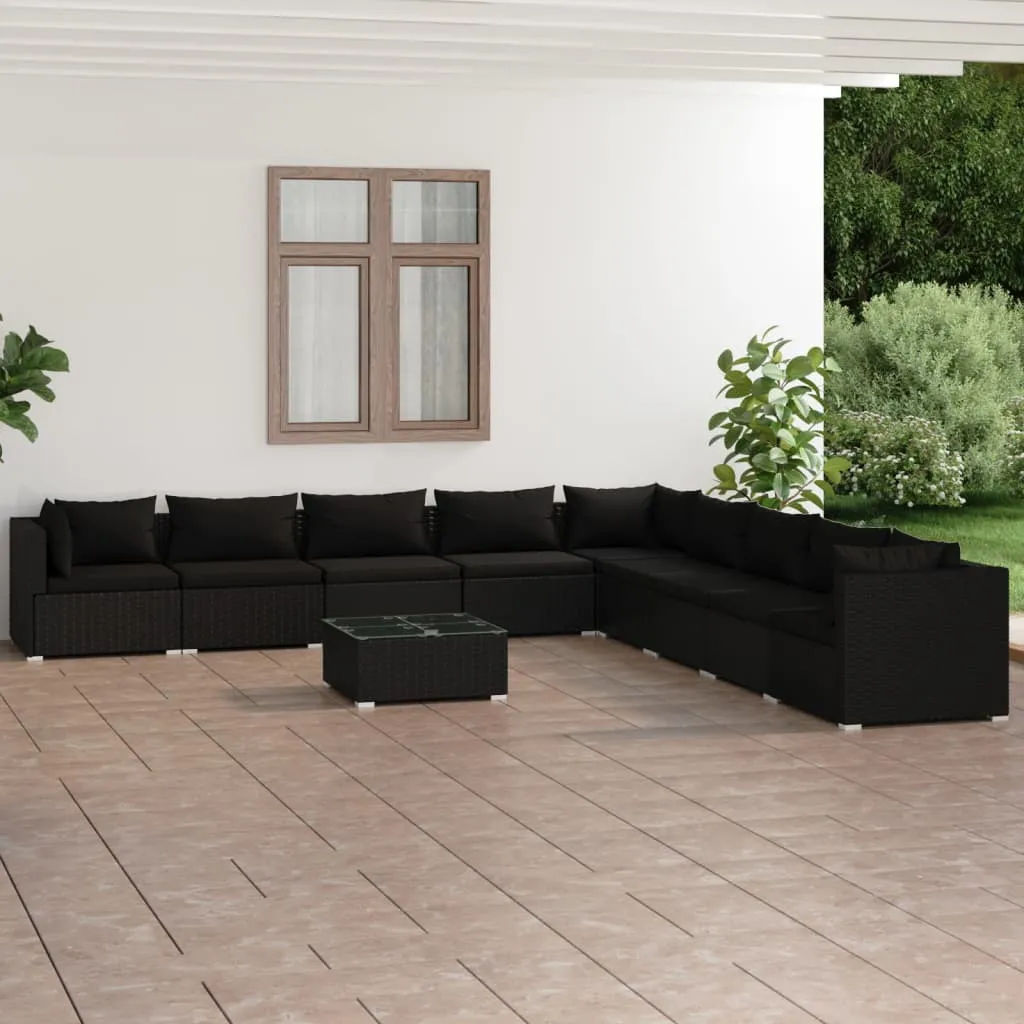 vidaXL Set Divani da Giardino 10 pz con Cuscini in Polyrattan Nero