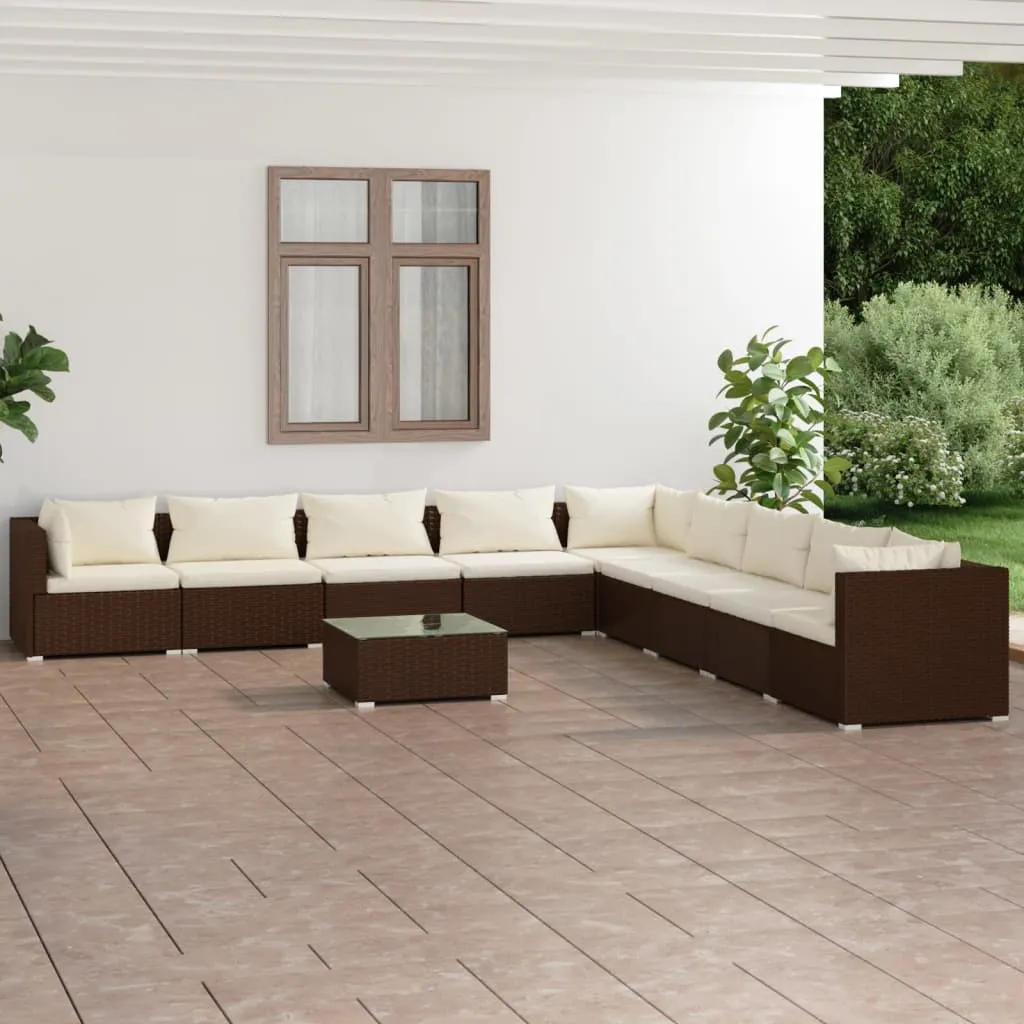 vidaXL Set Divani da Giardino 10 pz con Cuscini in Polyrattan Marrone