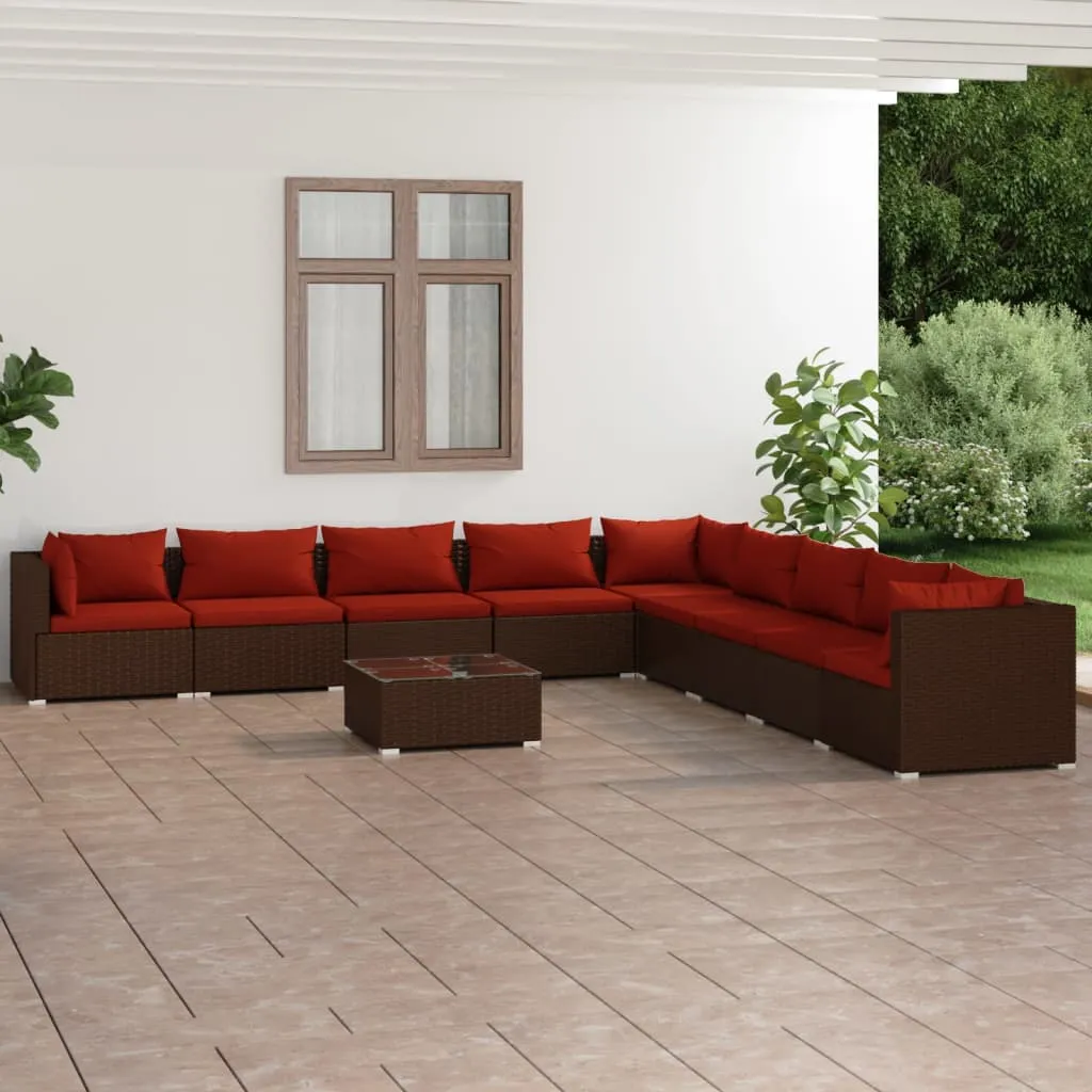 vidaXL Set Divani da Giardino 10 pz con Cuscini in Polyrattan Marrone