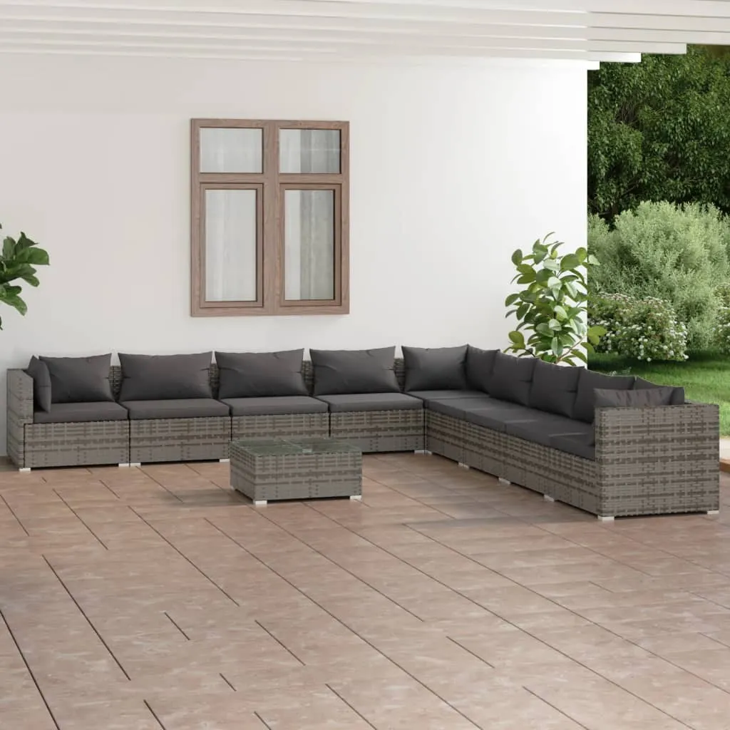 vidaXL Set Divani da Giardino 10 pz con Cuscini in Polyrattan Grigio