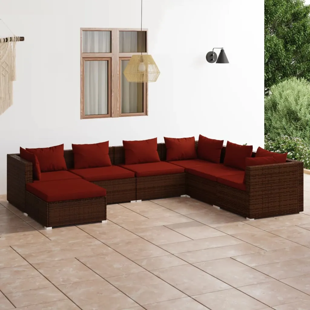 vidaXL Set Divani da Giardino 7 pz con Cuscini in Polyrattan Marrone