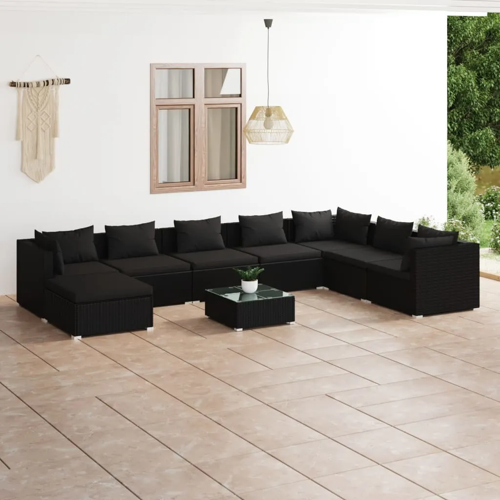 vidaXL Set Divani da Giardino 9 pz con Cuscini in Polyrattan Nero