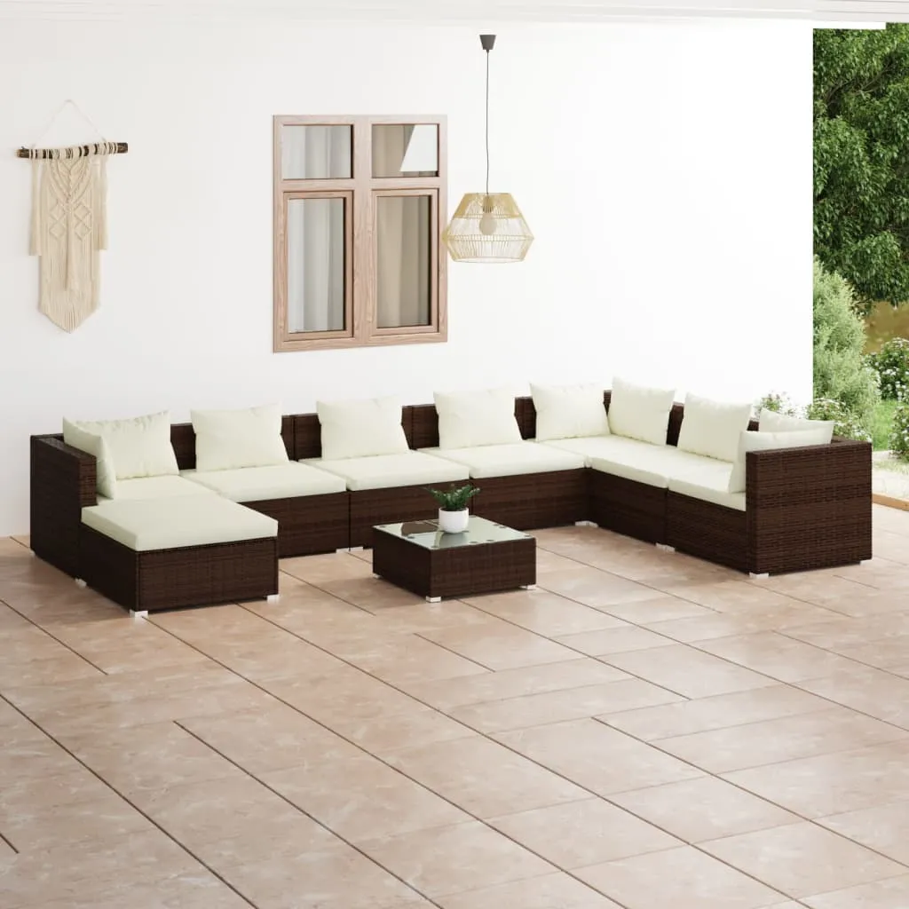 vidaXL Set Divani da Giardino 9 pz con Cuscini in Polyrattan Marrone