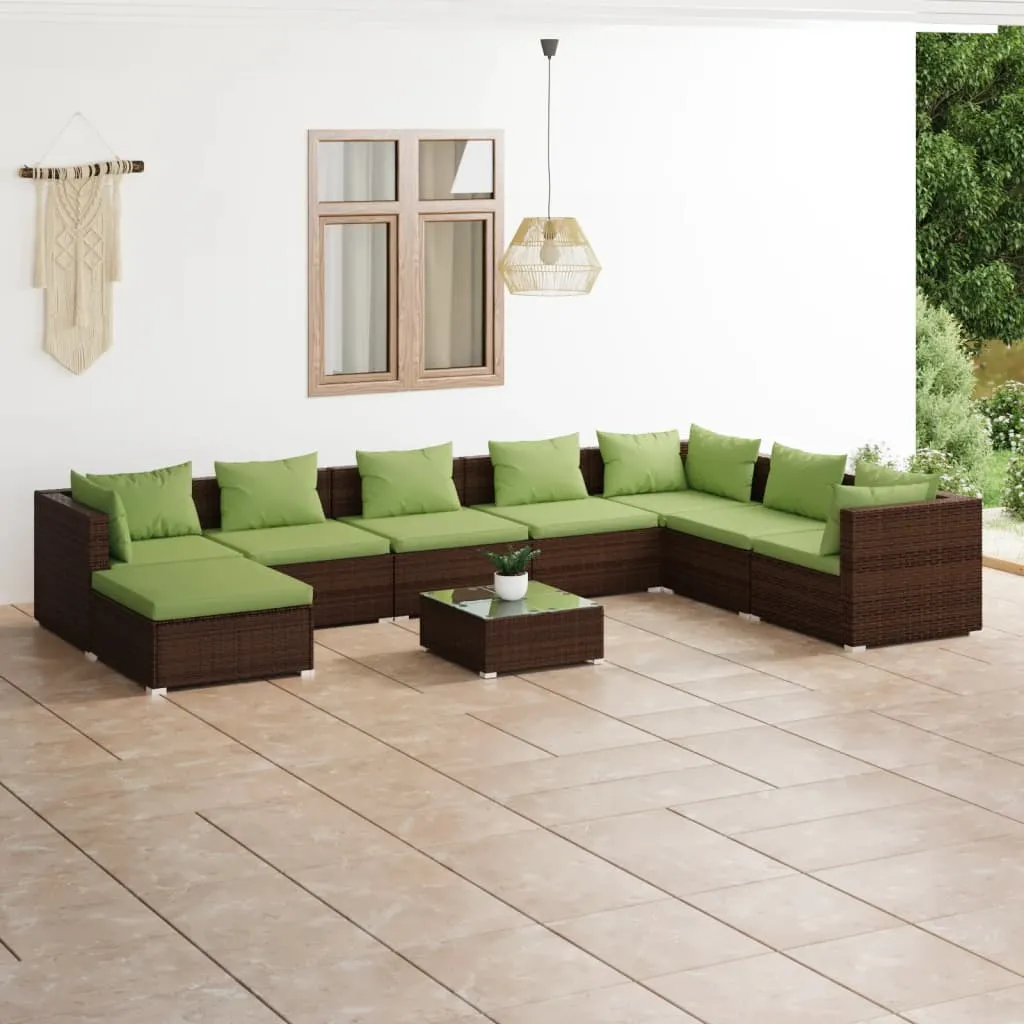 vidaXL Set Divani da Giardino 9 pz con Cuscini in Polyrattan Marrone