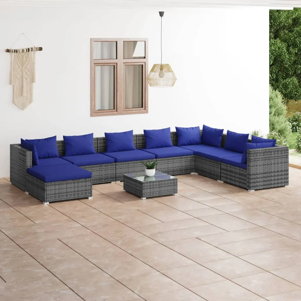 vidaXL Set Divani da Giardino 9 pz con Cuscini in Polyrattan Grigio