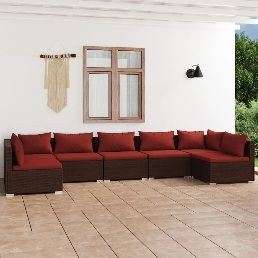 vidaXL Set Divani da Giardino 7 pz con Cuscini in Polyrattan Marrone