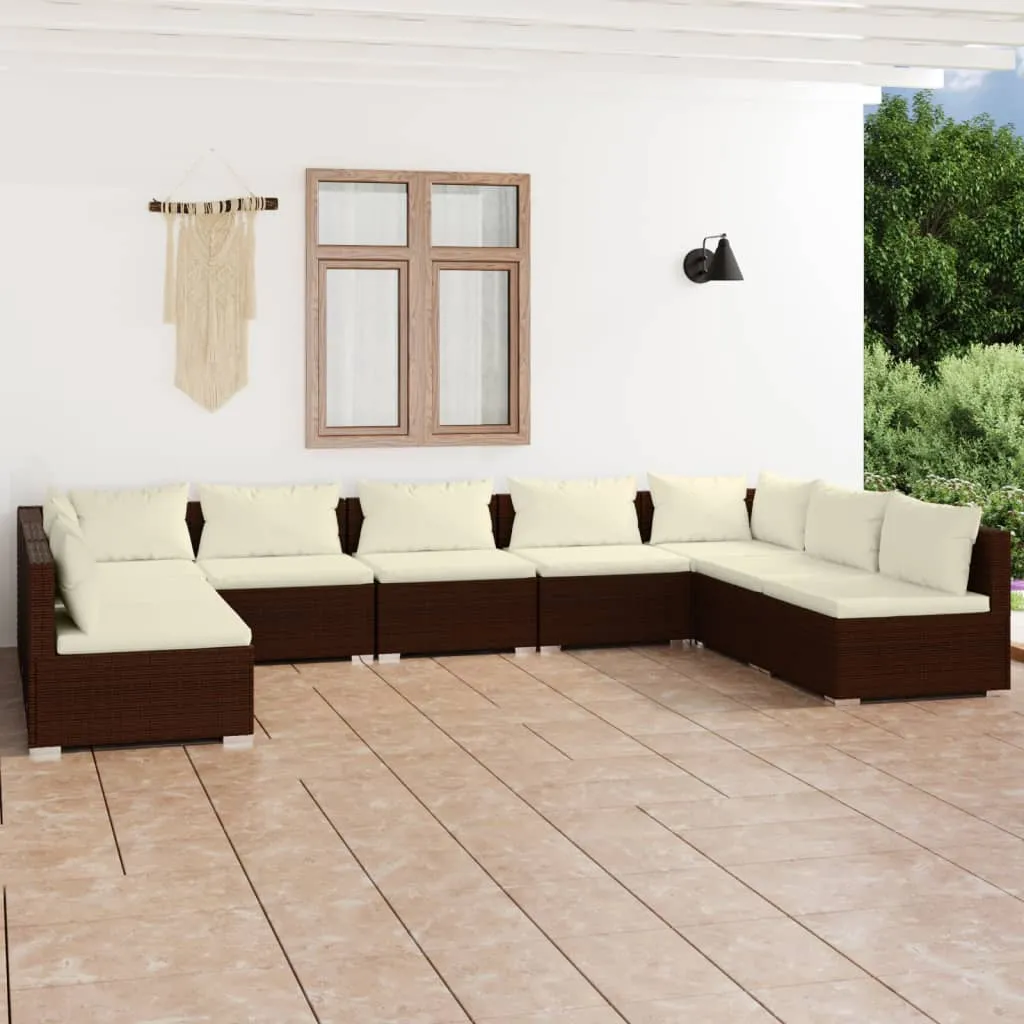 vidaXL Set Divani da Giardino 9 pz con Cuscini in Polyrattan Marrone