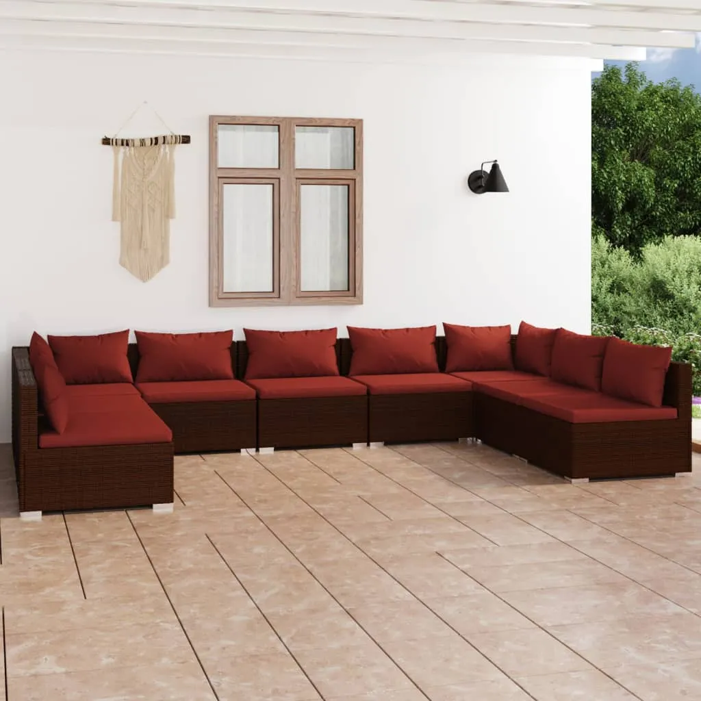 vidaXL Set Divani da Giardino 9 pz con Cuscini in Polyrattan Marrone